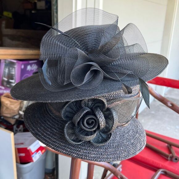 VTG Black Wide Brim Hat Mesh & Feather Trim Formal Church Derby Tea - Picture 12 of 12